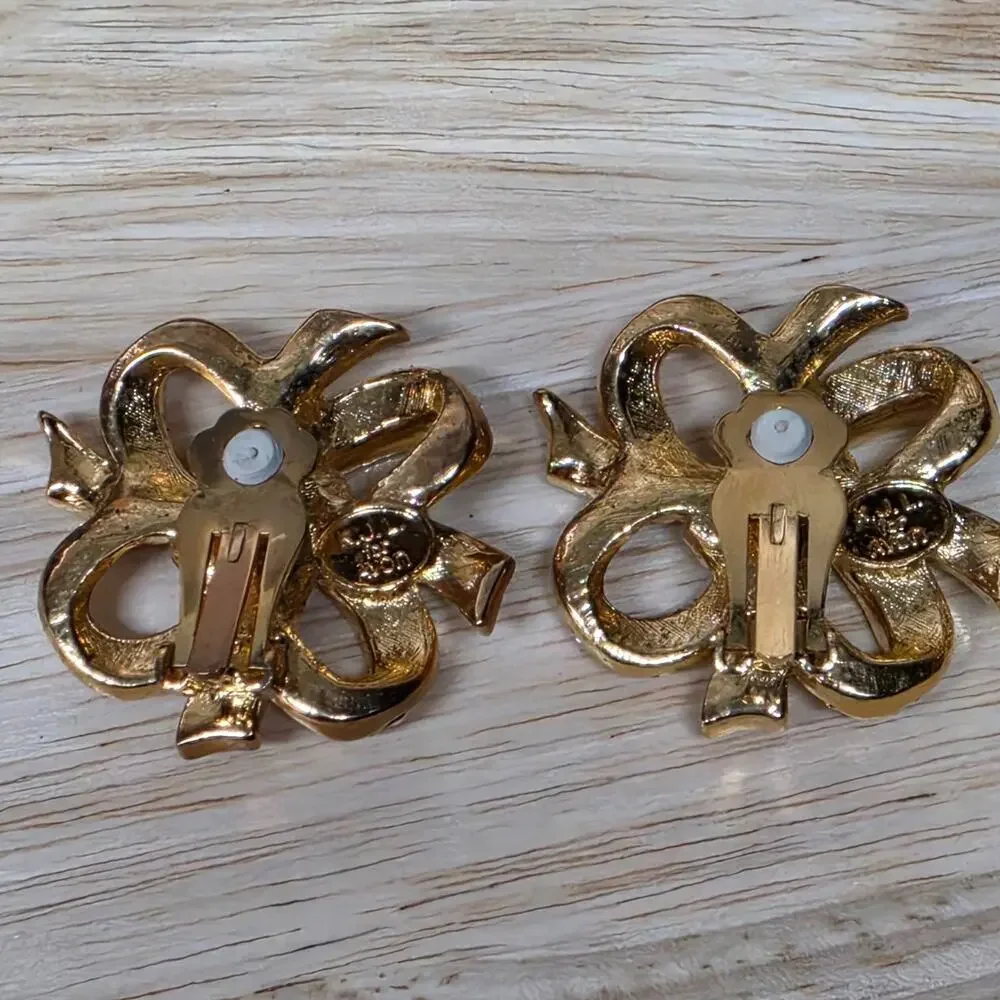 KENNETH JAY LANE KJL for Avon Rhinestone Bow Clip On Earrings Vtg Statement 1.5
